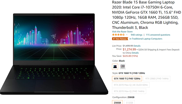 razer blade 15" 2020 游戏本 (i7-10750h, 1660ti, 16gb, 256gb)