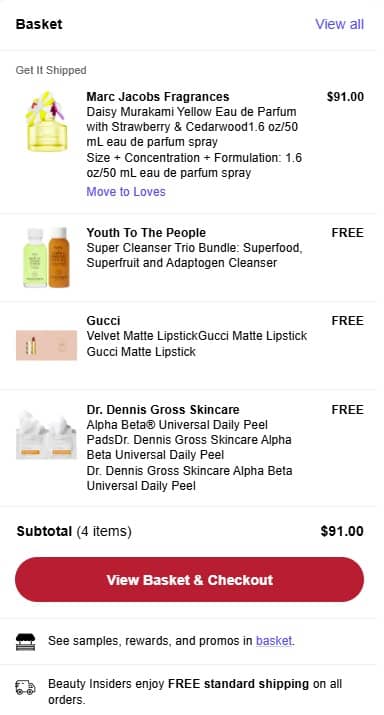 Shopping cart screenshot showing Marc Jacobs perfume discounted to $91 Shopping cart screenshot showing Marc Jacobs perfume discounted to $91