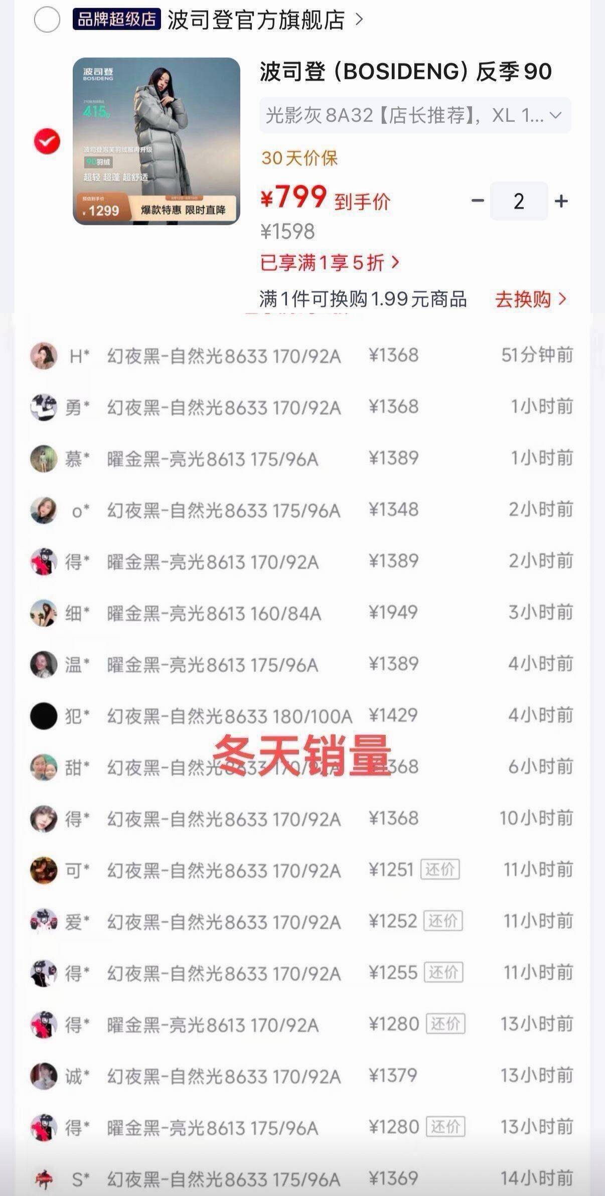 波司登泡芙长款羽绒服到手799元