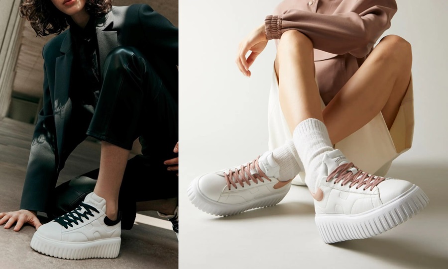 Hogan 'biscuit' sneakers with a brown heel tab, on sale.