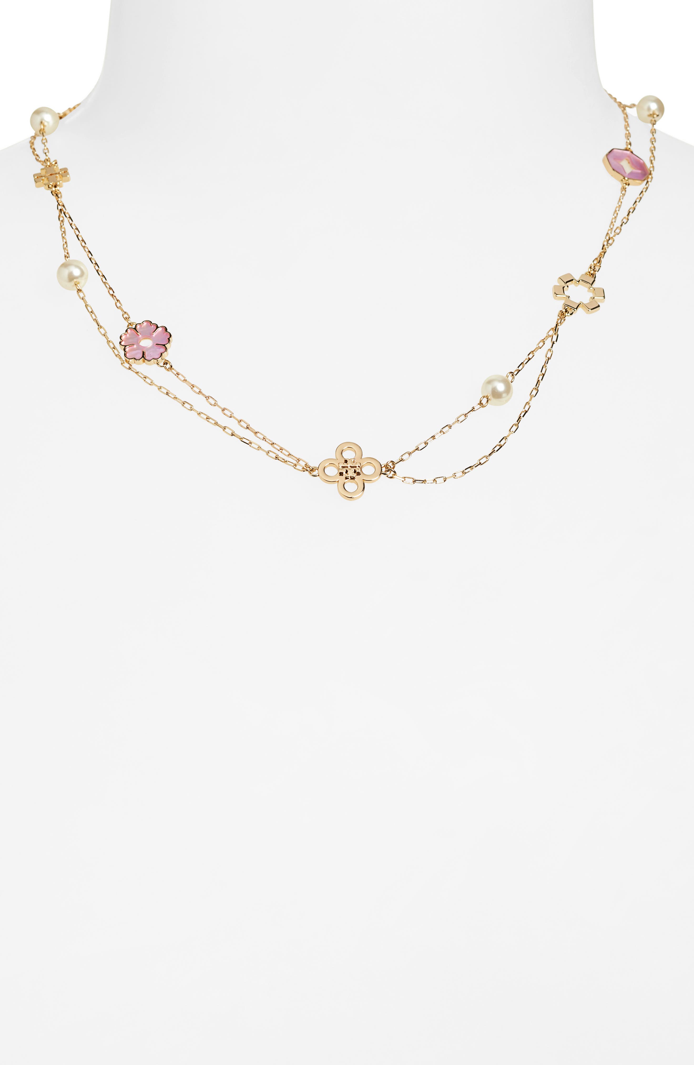 Tory Burch Kira Clover Mother-of-Pearl Charm Layered Necklace