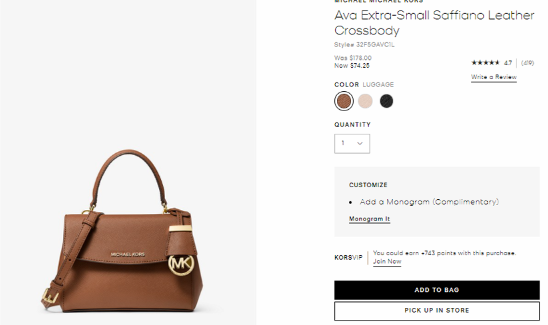 Michael Kors Ava 迷你女士手提单肩包41折，$74.25