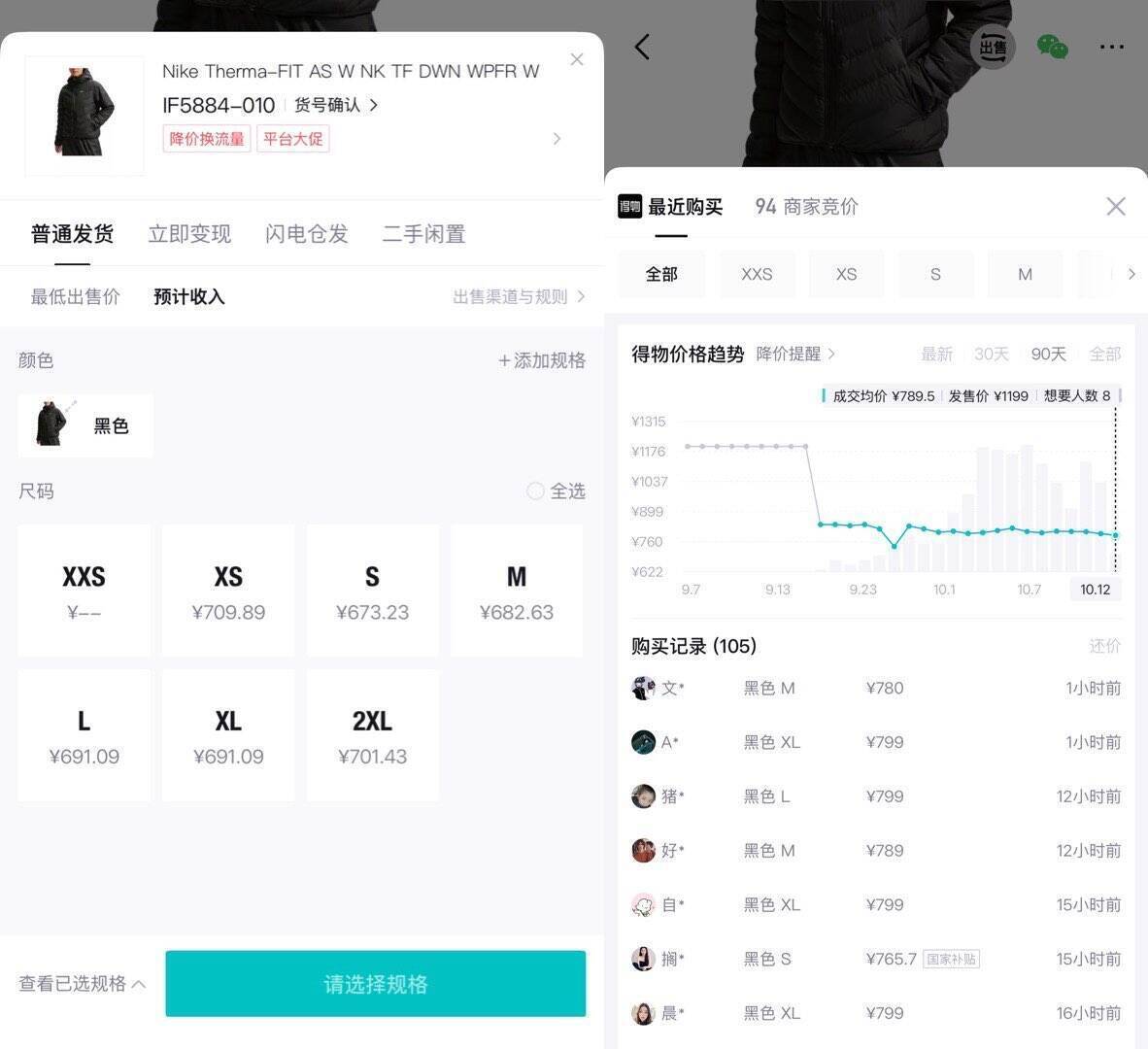 耐克羽绒服凑单到手605元，得物售价779元