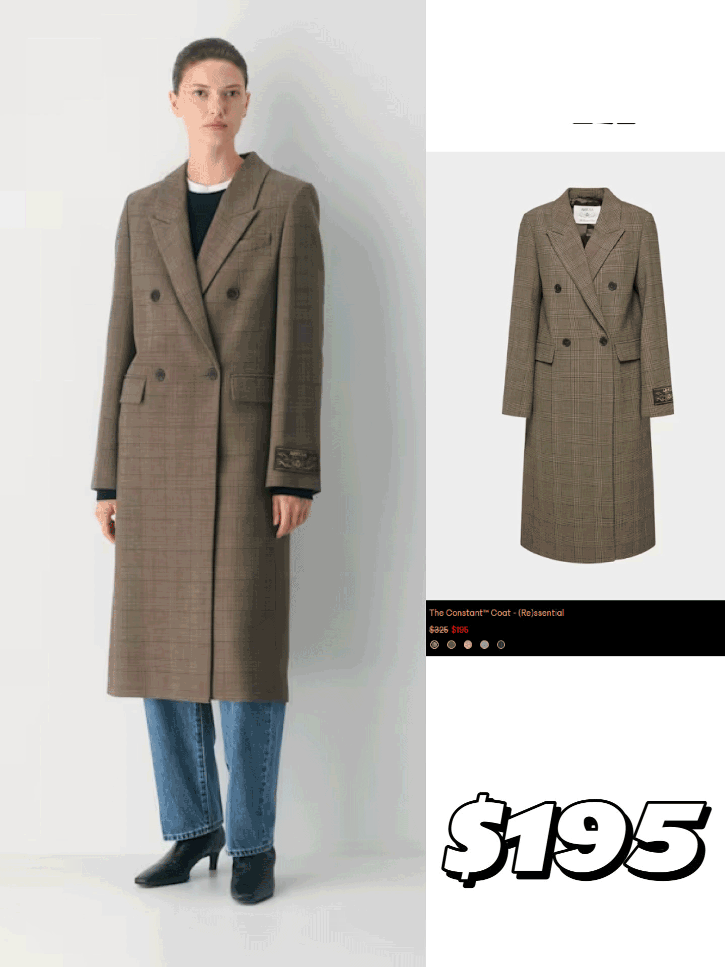 Model wearing a long, double-breasted coat in a classic British plaid pattern.