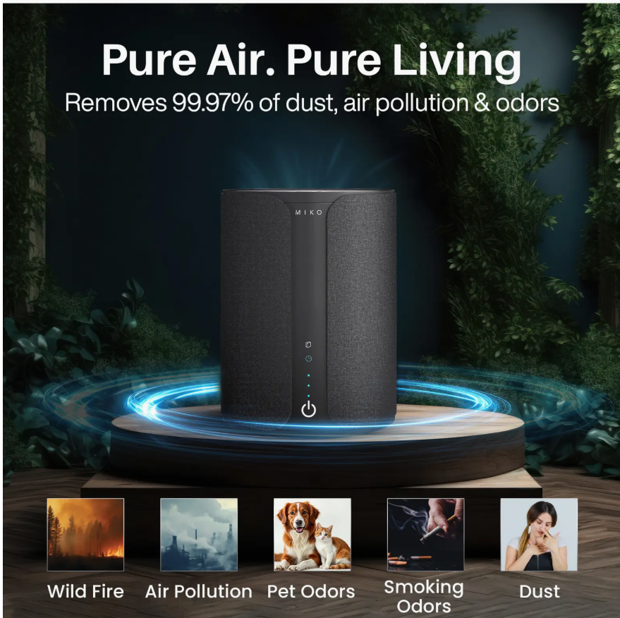 Image showing the compact, modern design of the MIKO air purifier on a desktop.