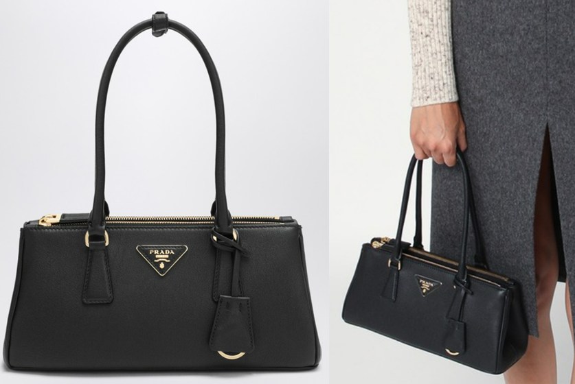 Prada Black medium leather Galleria bag on a white background.
