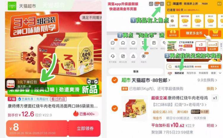 康师傅红烧牛肉面6袋，最终到手价7元/袋