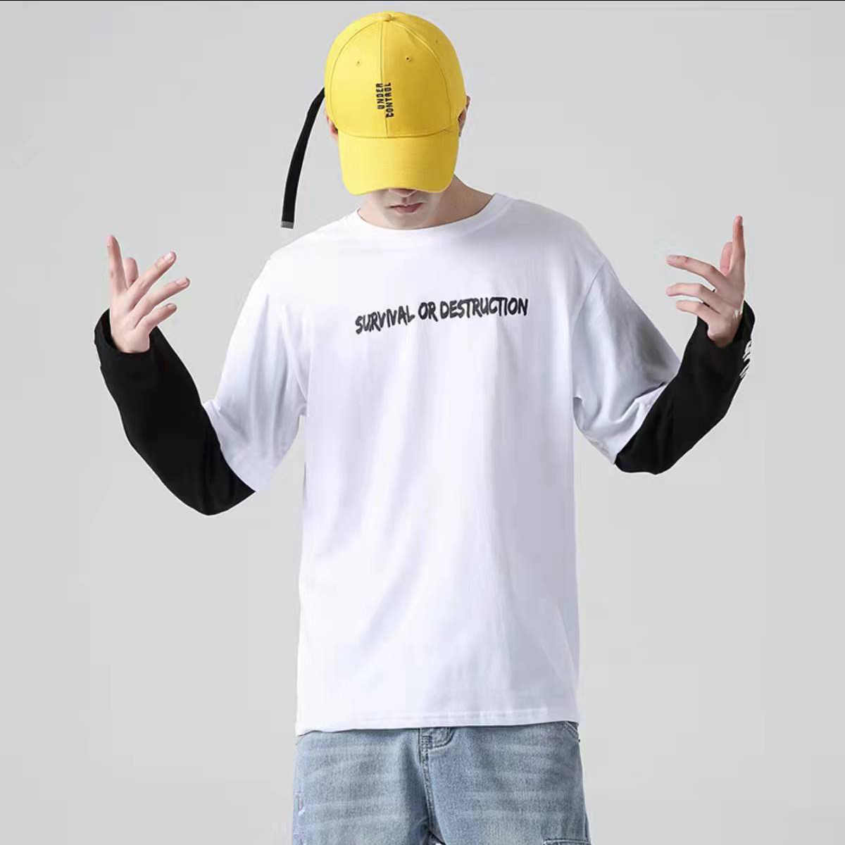 【纯棉】假两件印花长袖纯棉T恤