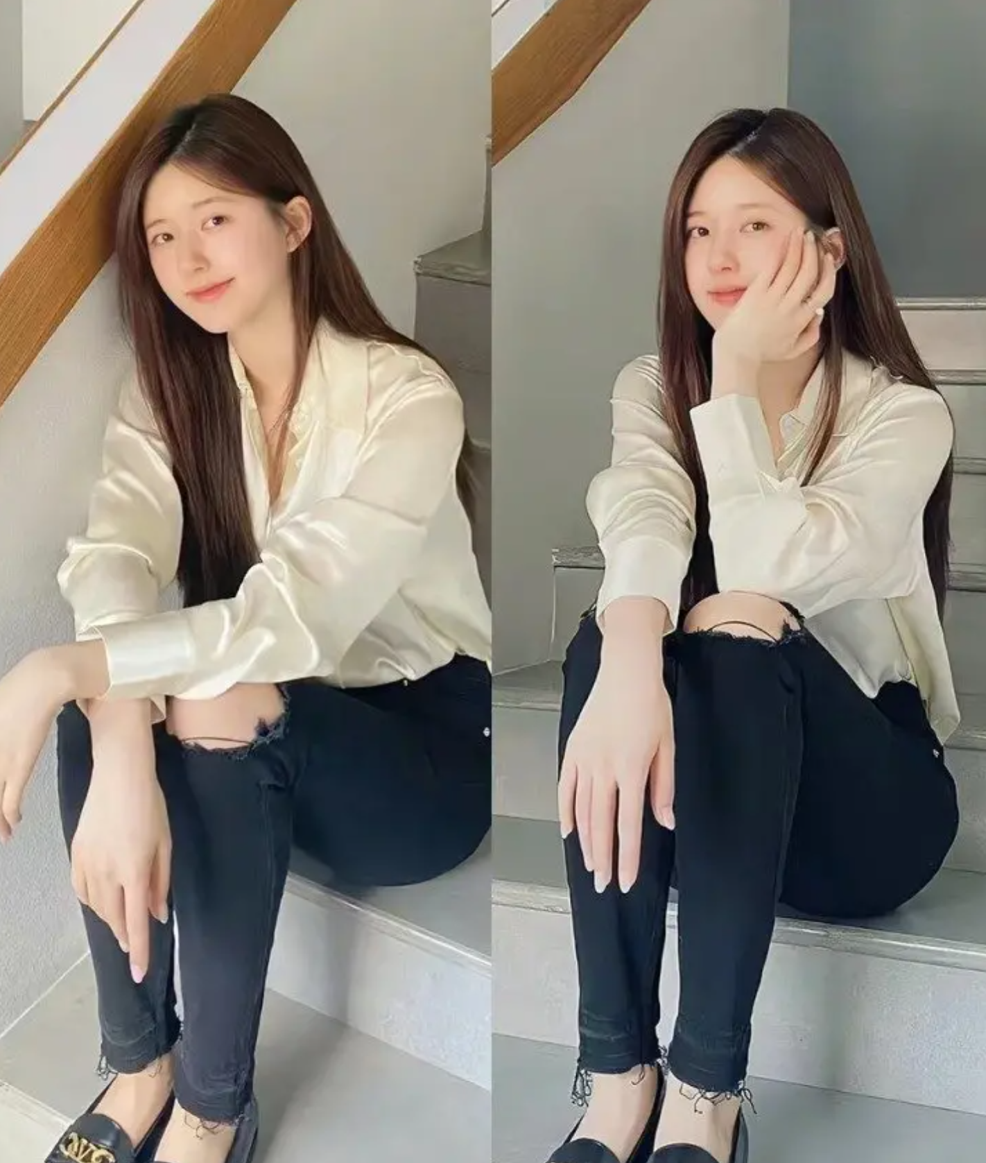 Zhao Lusi in a champagne-colored satin shirt for a high-end spring vibe