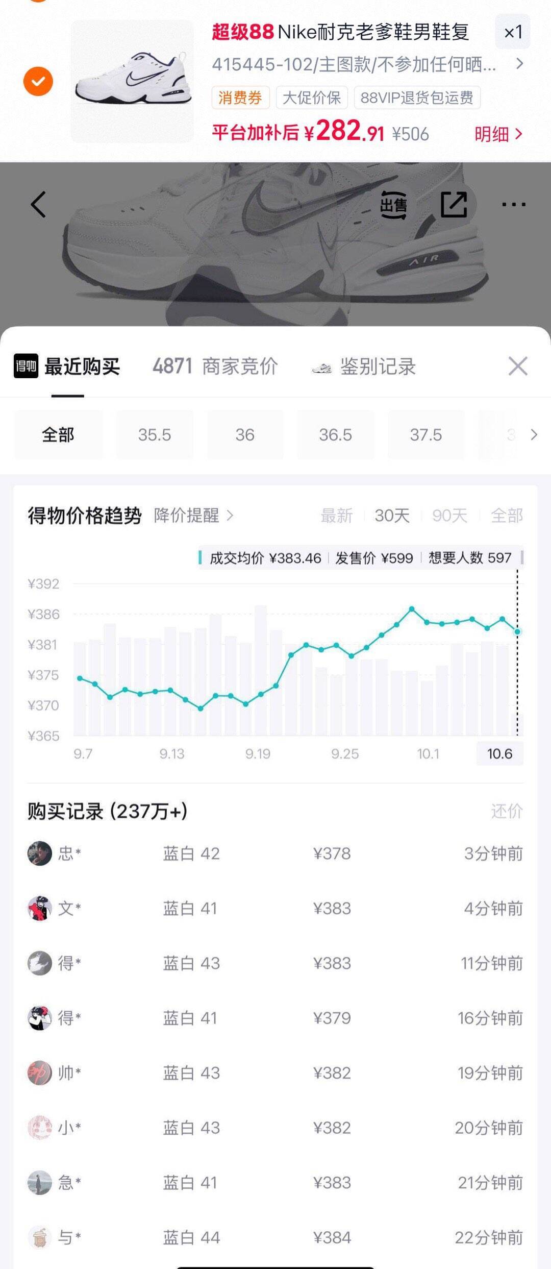 得物383元！货号415445叠加消费券到手仅283元
