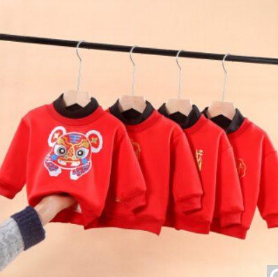 29.9元包邮！童悠阁童装 2022虎年儿童加绒加厚红色拜年服卫衣2件