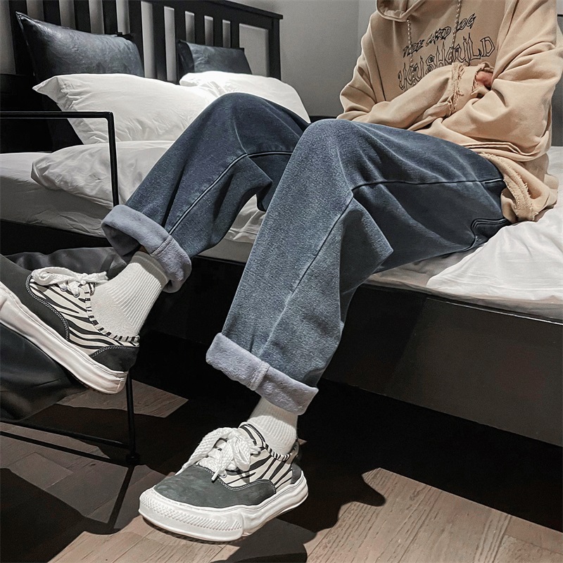 秋冬加绒加厚直筒牛仔裤男