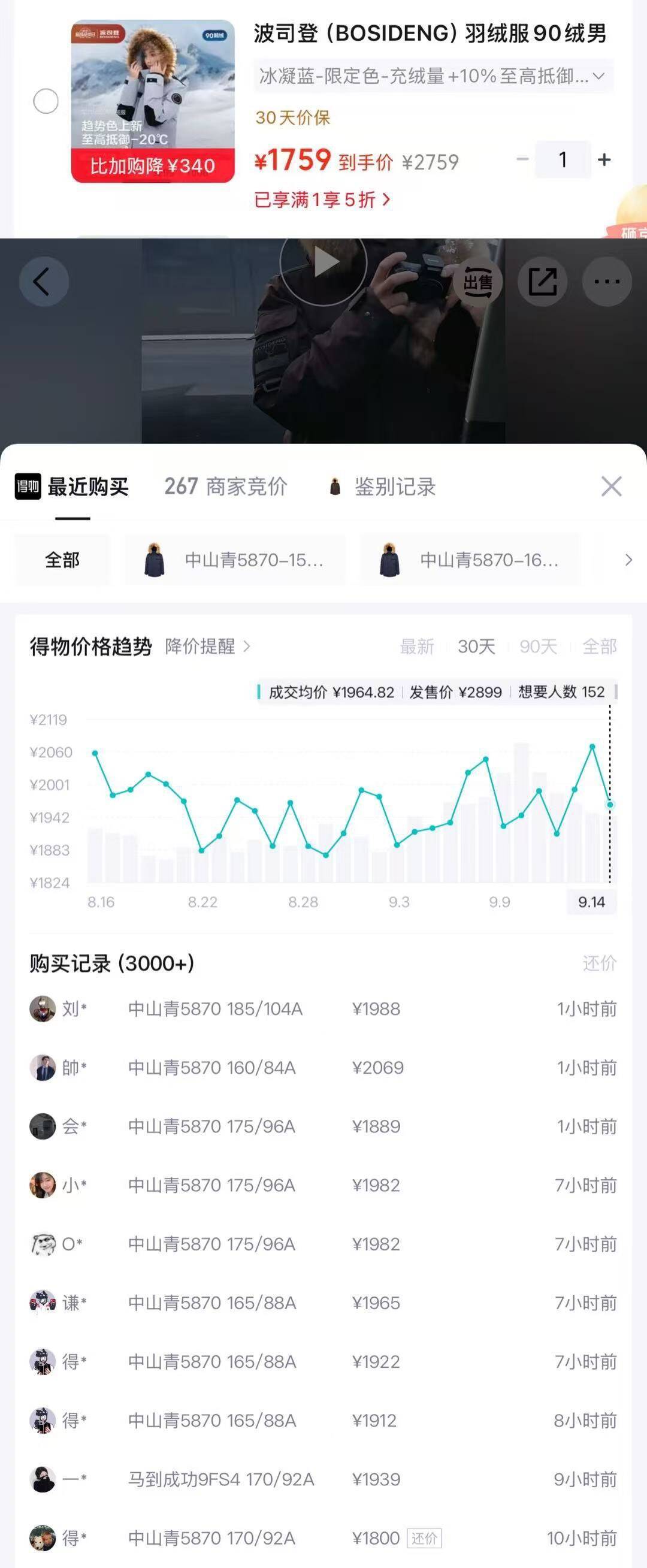 波司登极寒系列羽绒服到手1759元，得物售价2498元