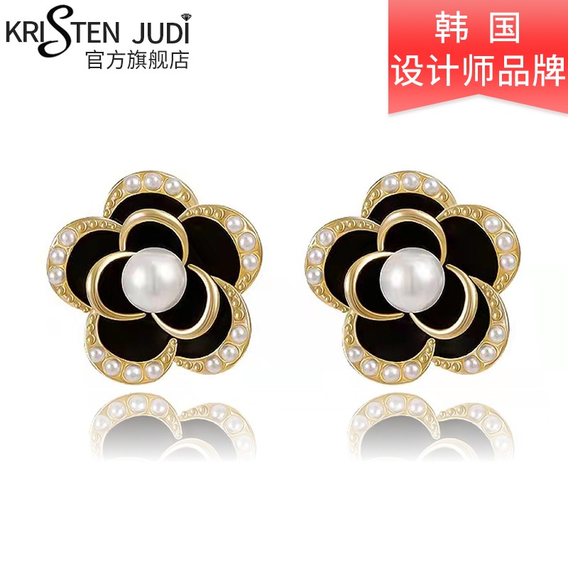 黑色耳环女银针气质花朵珍珠耳钉