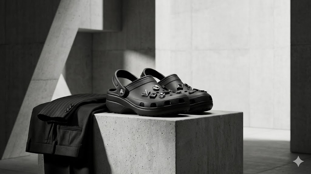 Fashion influencer styling a pair of customized Crocs with summer outfit