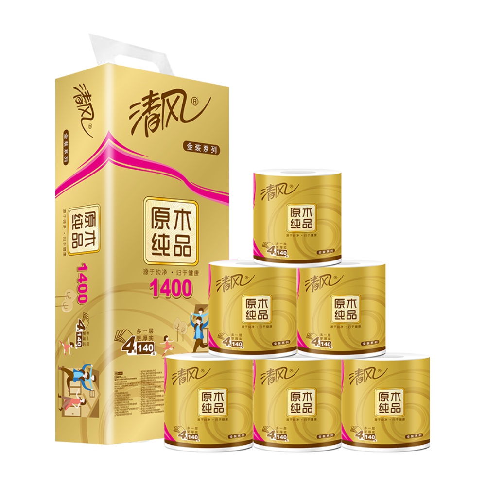 清风卷纸原木金装4层140克10卷