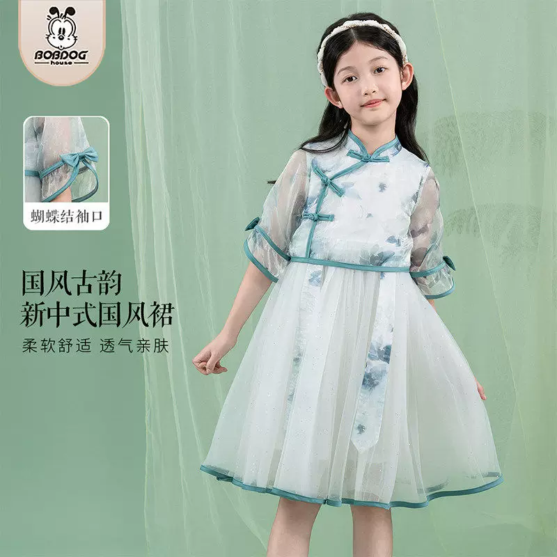 巴布豆儿童连衣裙2026夏季新款中大童原创国风新中式女童旗袍裙