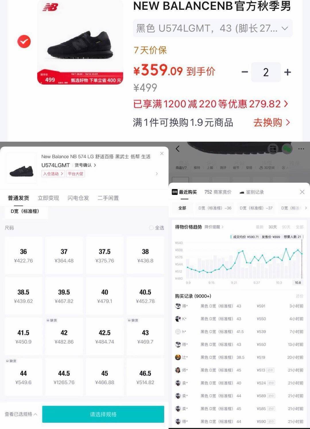 NB 574LGMT拍男码到手350元，得物价459-479元