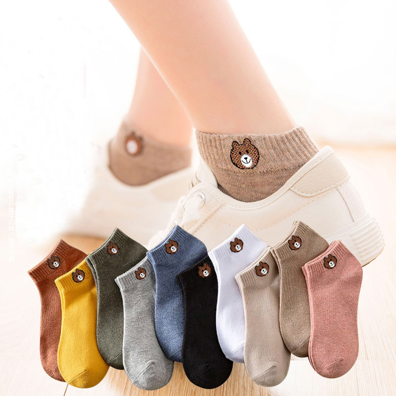 签到！日系纯色棉质防滑小熊袜5双