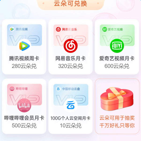 【三网用户均可参与】移动云盘集云朵兑换会员月卡
