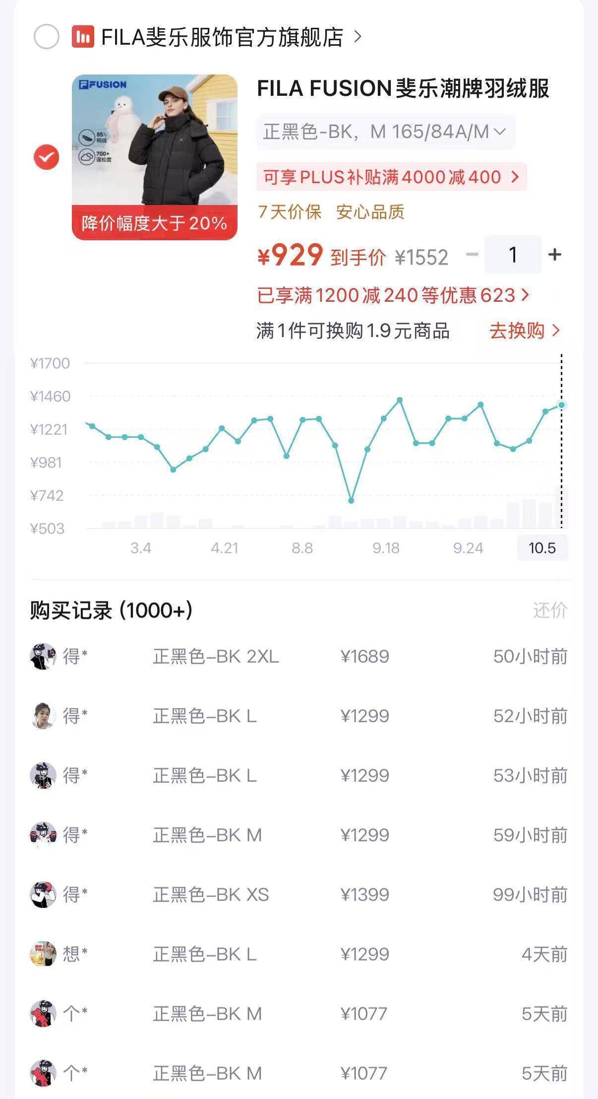 斐乐连帽羽绒服到手769元，巨大差价单拍立省