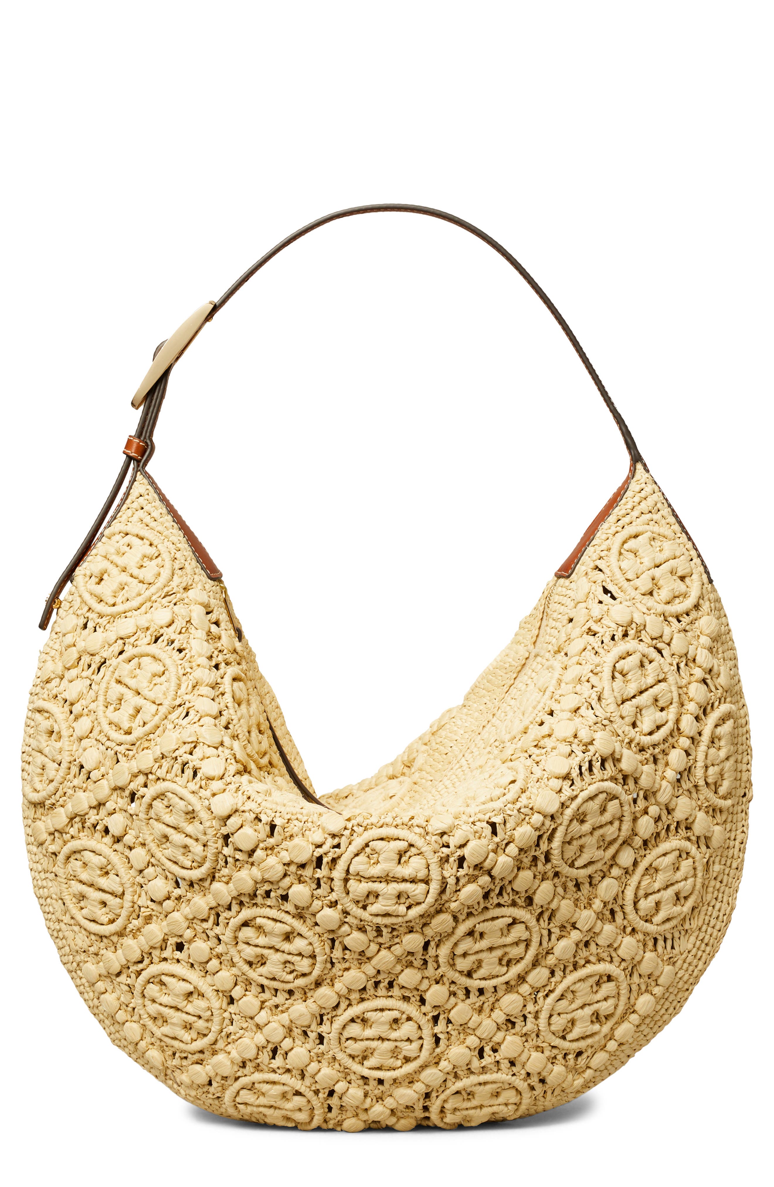 Tory Burch T-Monogram Woven Raffia Straw Shoulder Bag