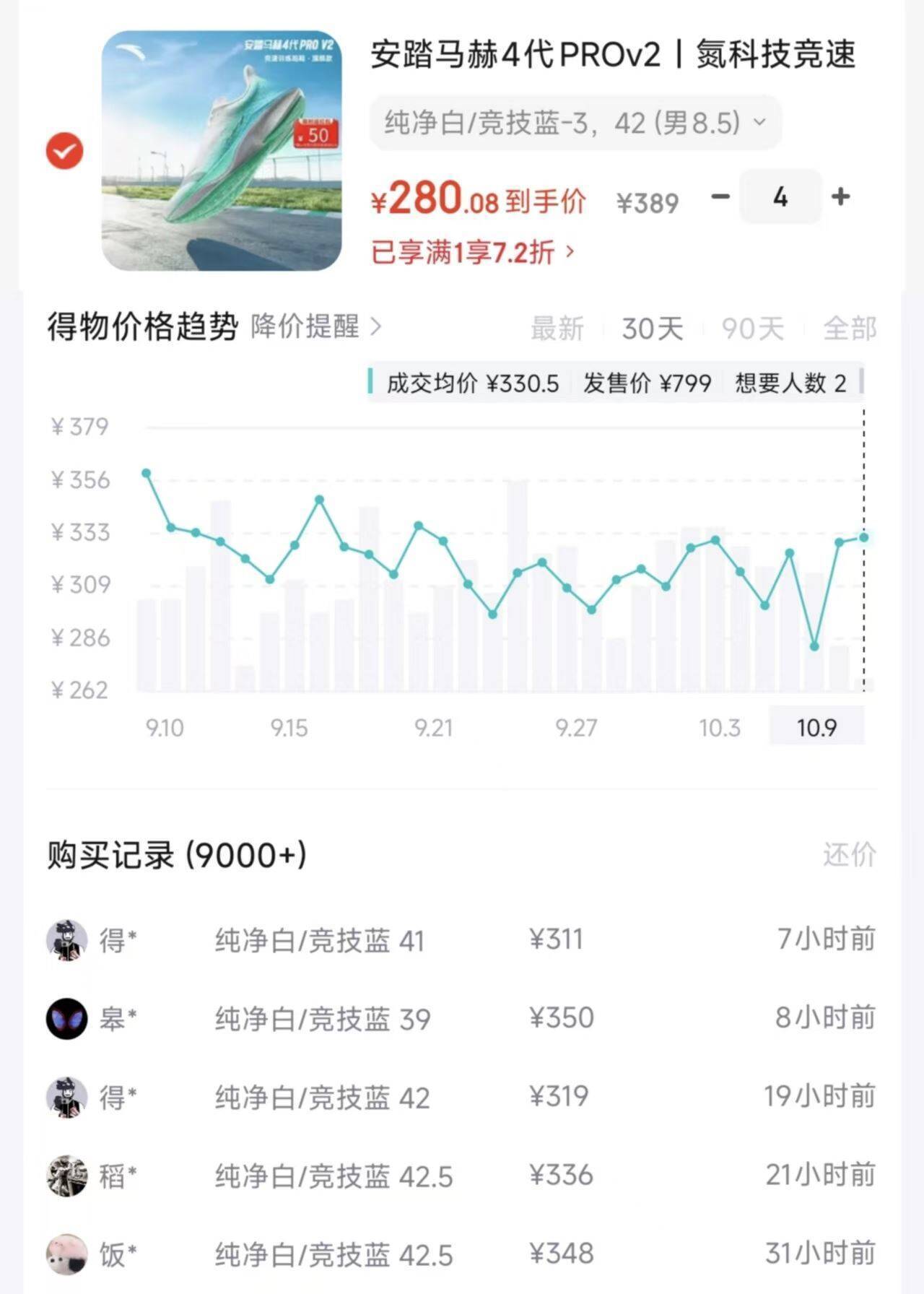 安踏马赫4pro V2 跑步鞋，叠加优惠到手价仅216元