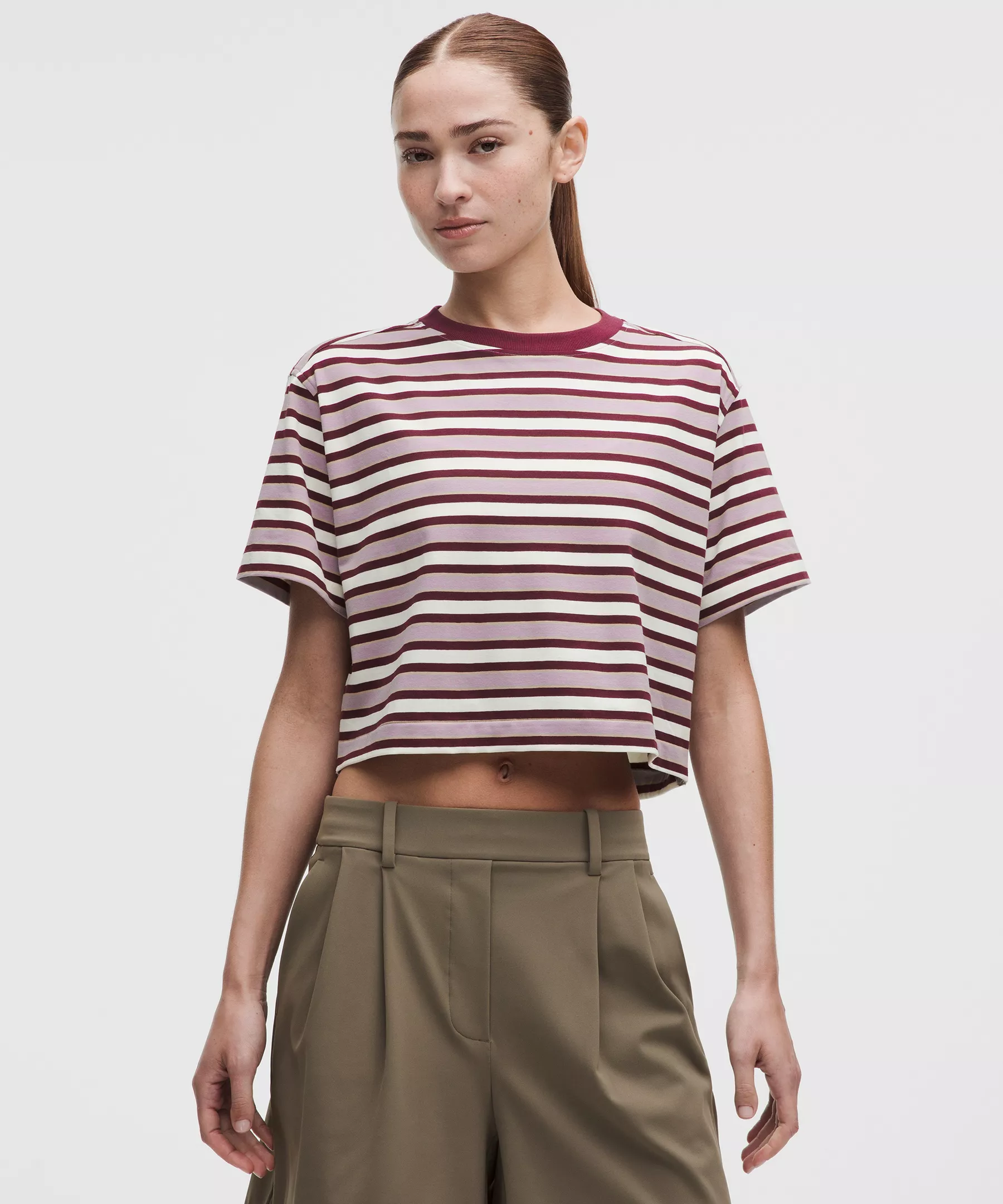 Lululemon All Yours Organic Cotton女士T恤 Reverse Stripe Lotus Lavender Burgundy Bay S
