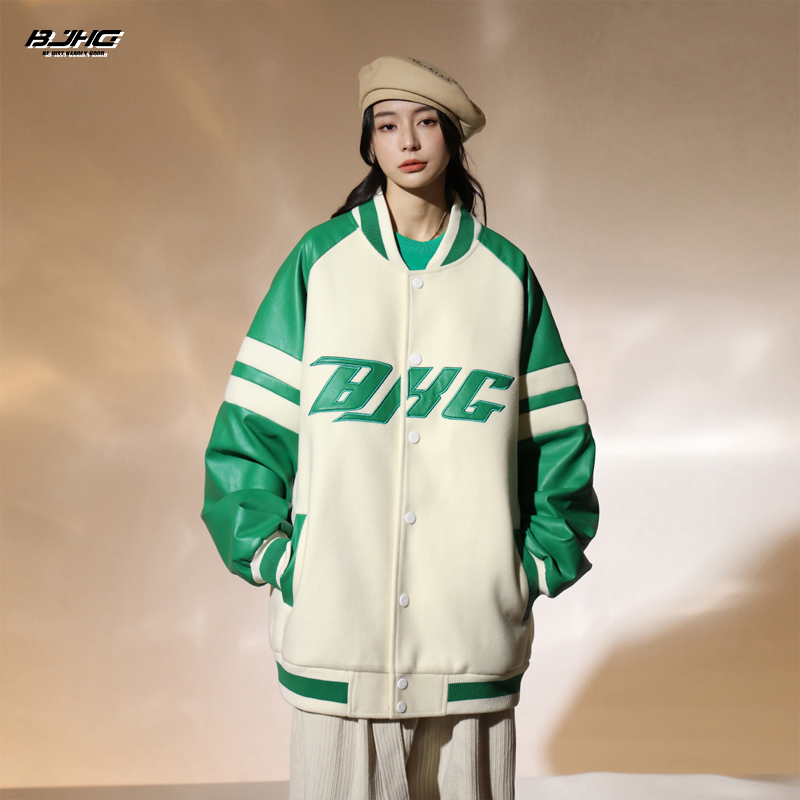 春国潮毛呢拼接刺绣棒球服