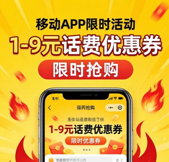 移动APP限时活动：领取1-9元话费优惠券