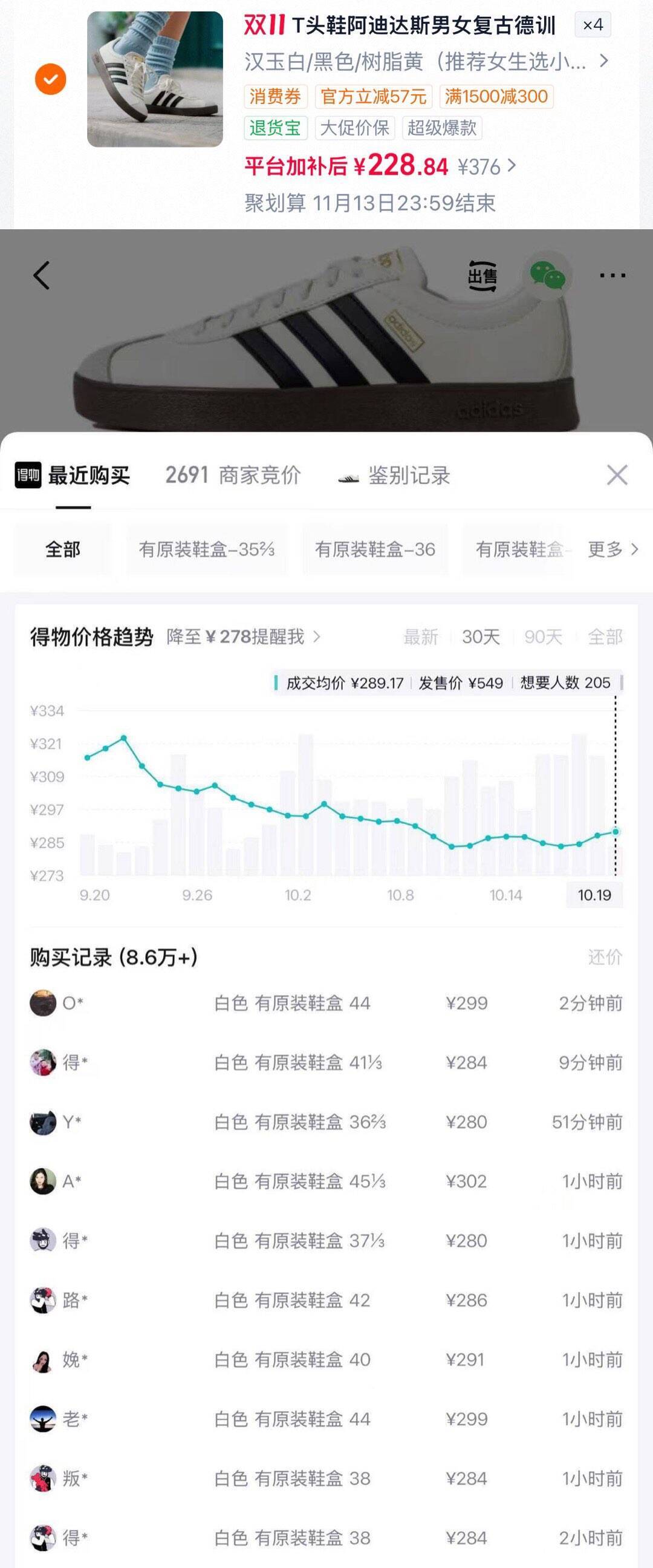 阿迪达斯T头鞋新增补贴，大码蓝黄款补货，到手价210元