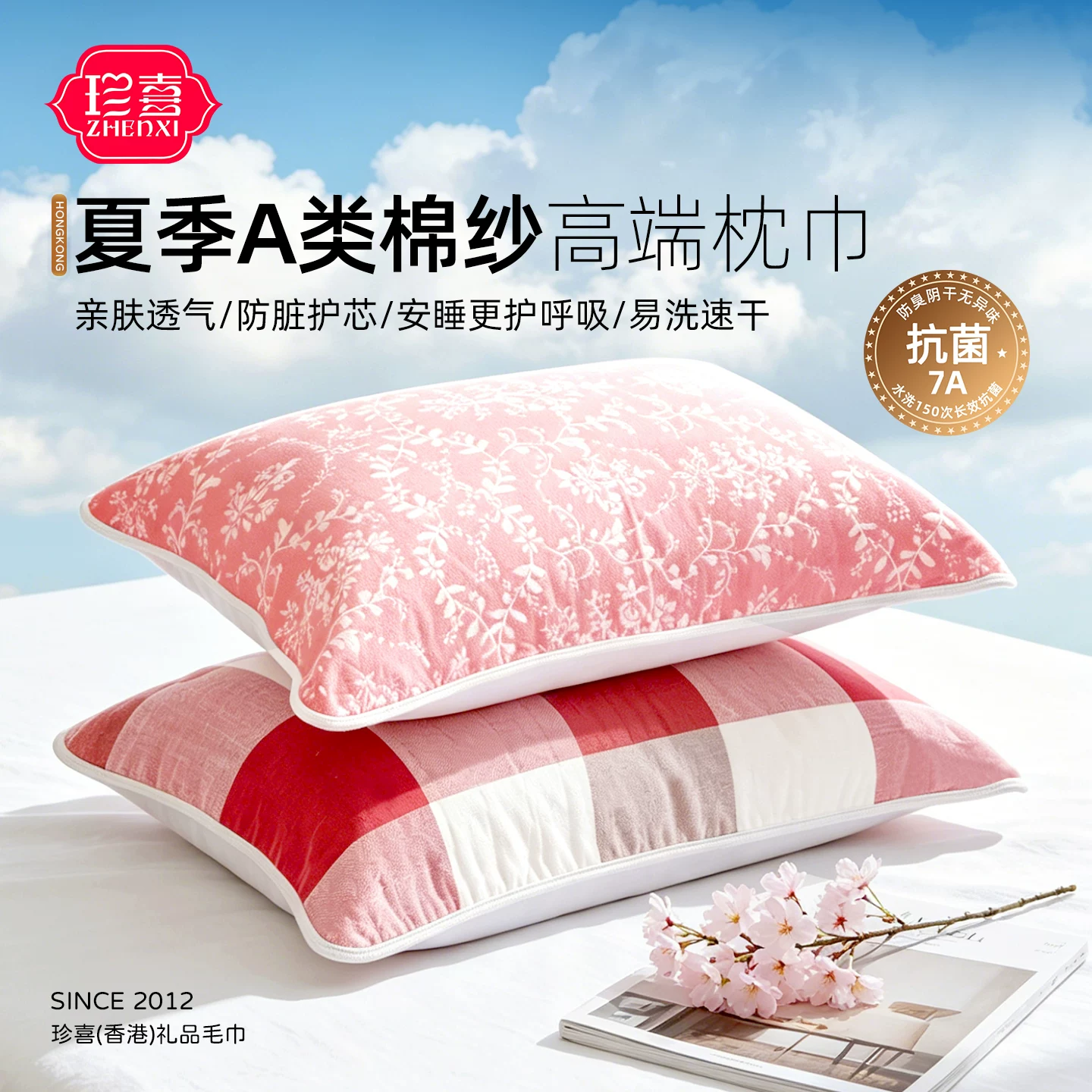2026新款夏日系a类一等品100%全棉纯棉纱布大号枕头巾一对装50*80