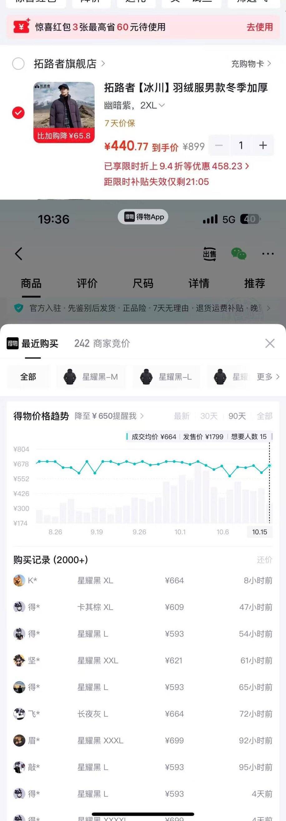 拓路者冰川系列羽绒服到手426元