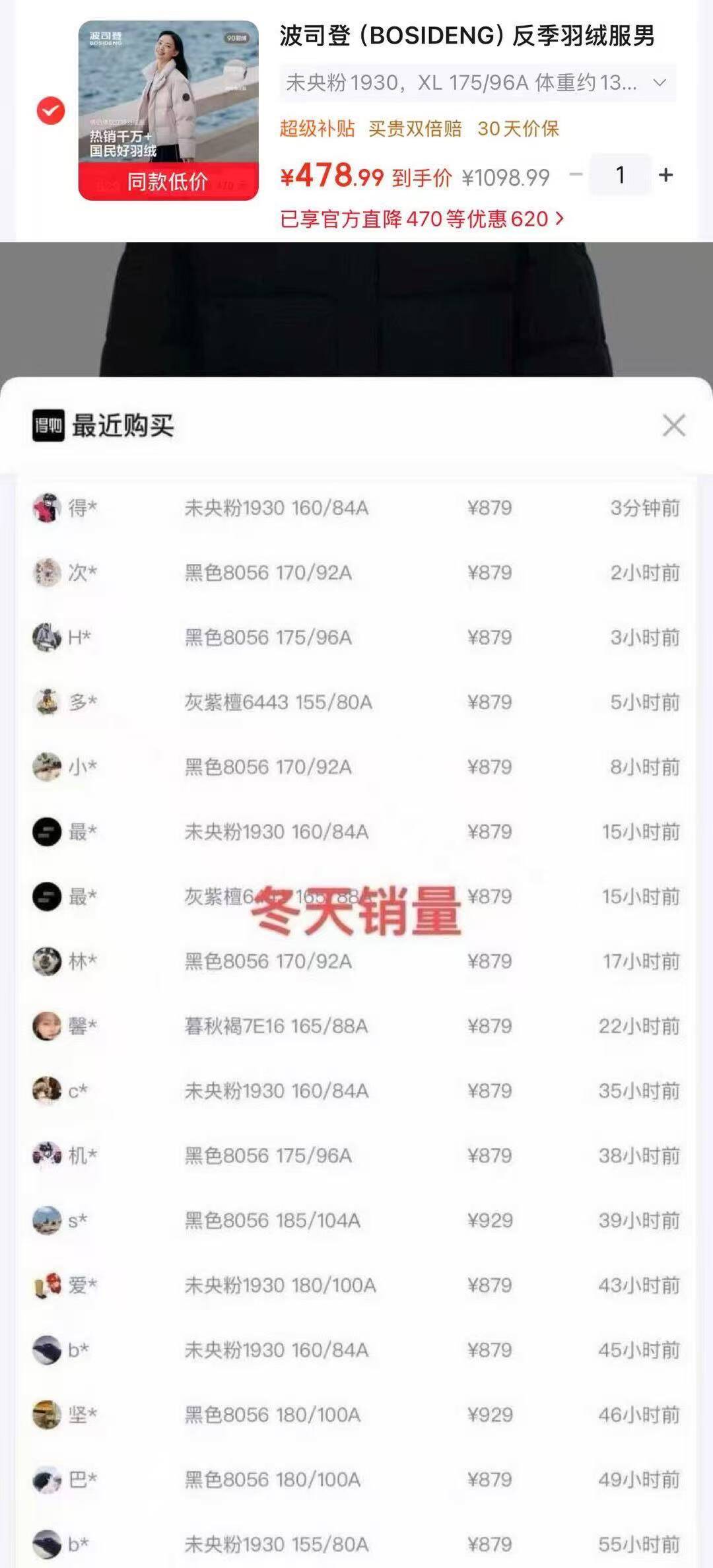 波司登反季羽绒服单拍到手479元，得物售价587-628元