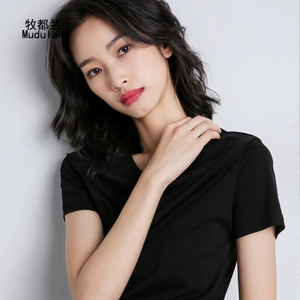 1牧都兰正肩纯棉T恤女韩版打底百搭修身自带显瘦腰线纯色上衣
