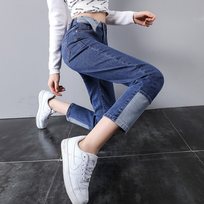 拼接撞色烟管直筒牛仔裤女高腰小个子显瘦