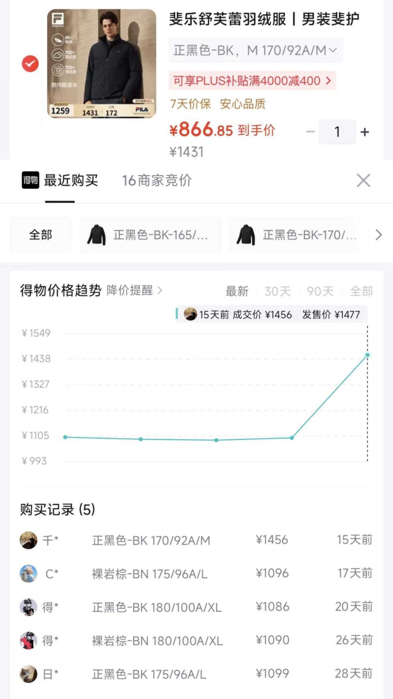 斐乐舒芙蕾羽绒服新品到手866元，得物同款1400元
