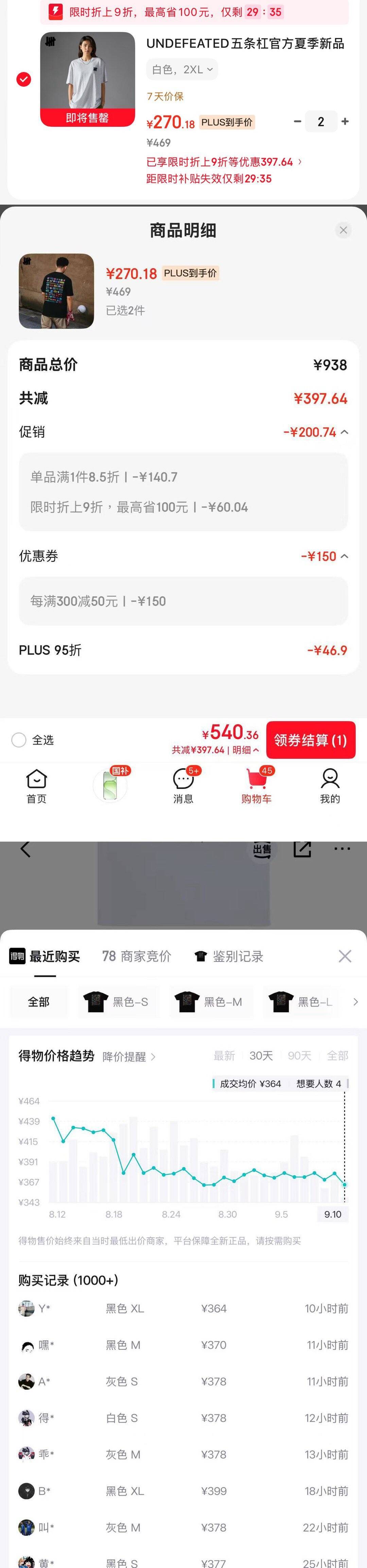 UNIQLO五条杠短袖加购2件，最终到手价270元