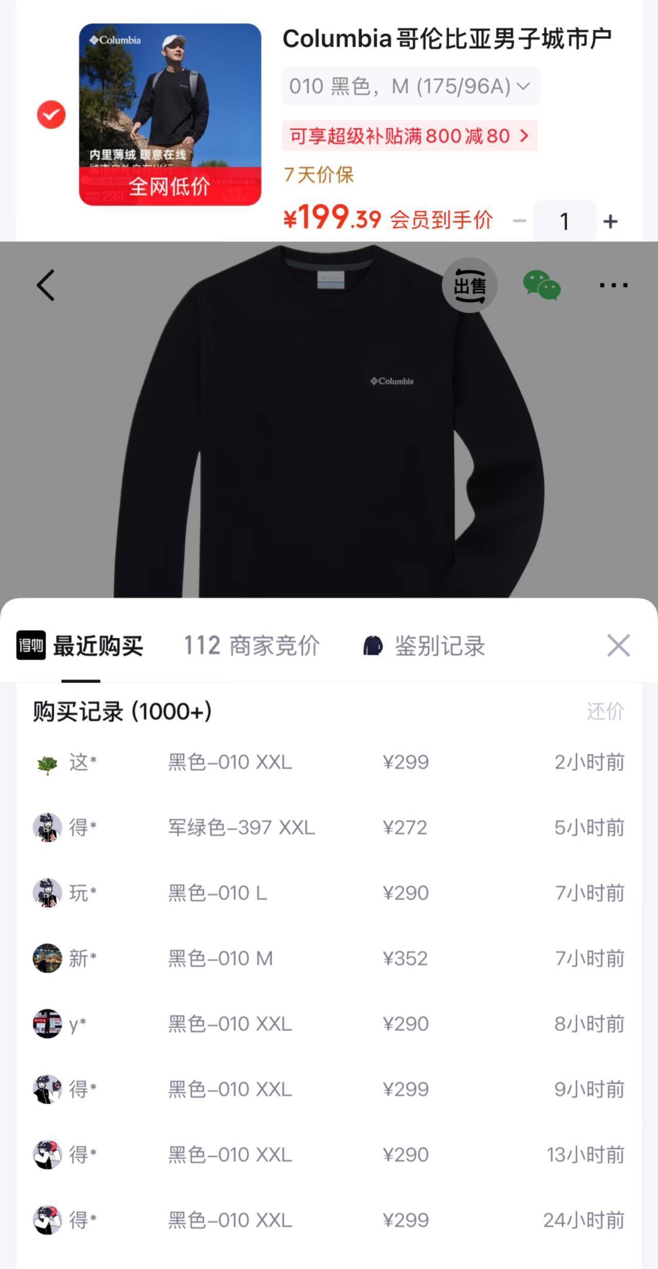 哥伦比亚圆领卫衣到手199元
