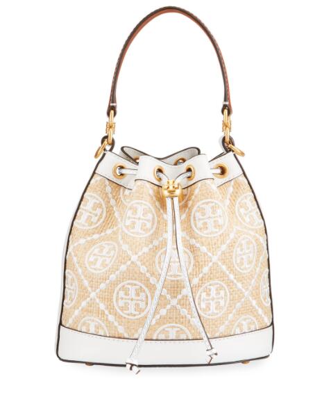 新色！Tory Burch 汤丽柏琦T MONOGRAM老花大号水桶包白色,售价