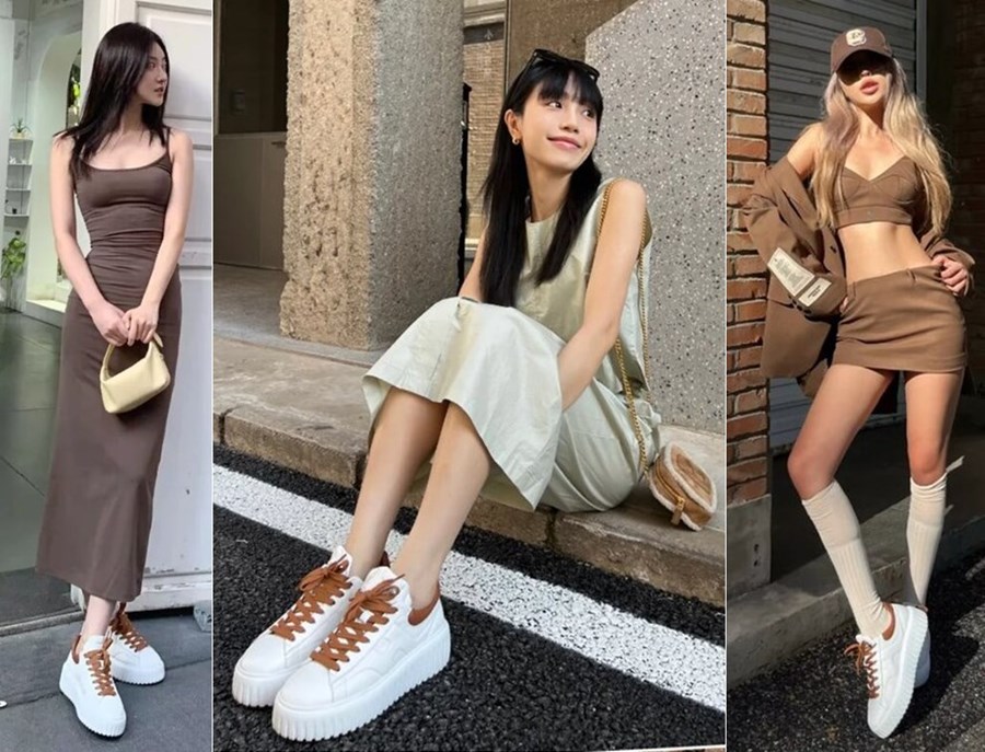 Model wearing Hogan 'biscuit' sneakers.