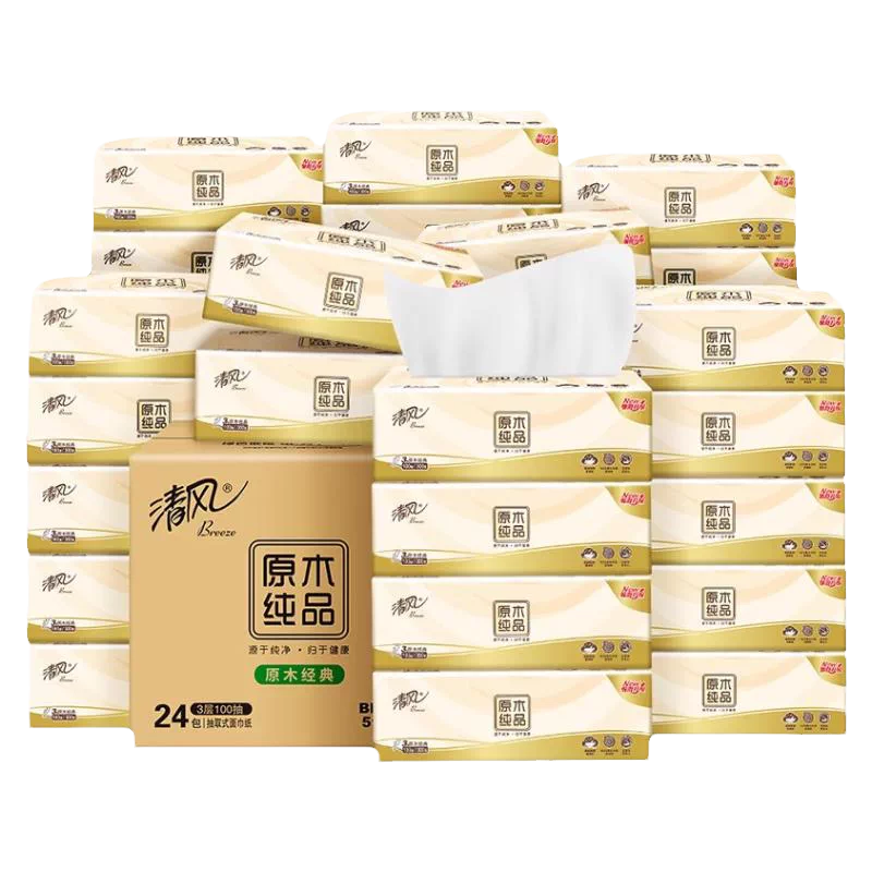 清风棉柔原木抽纸4层80抽24包