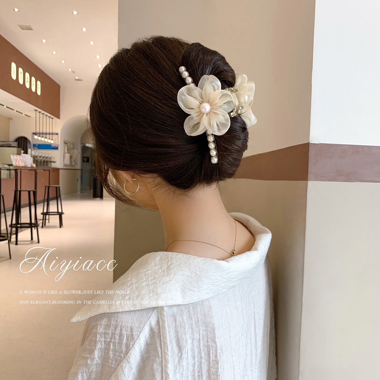 可签到！网纱珍珠花朵鲨鱼夹头饰