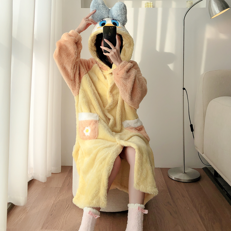 唐老鸭加厚珊瑚绒连帽睡袍