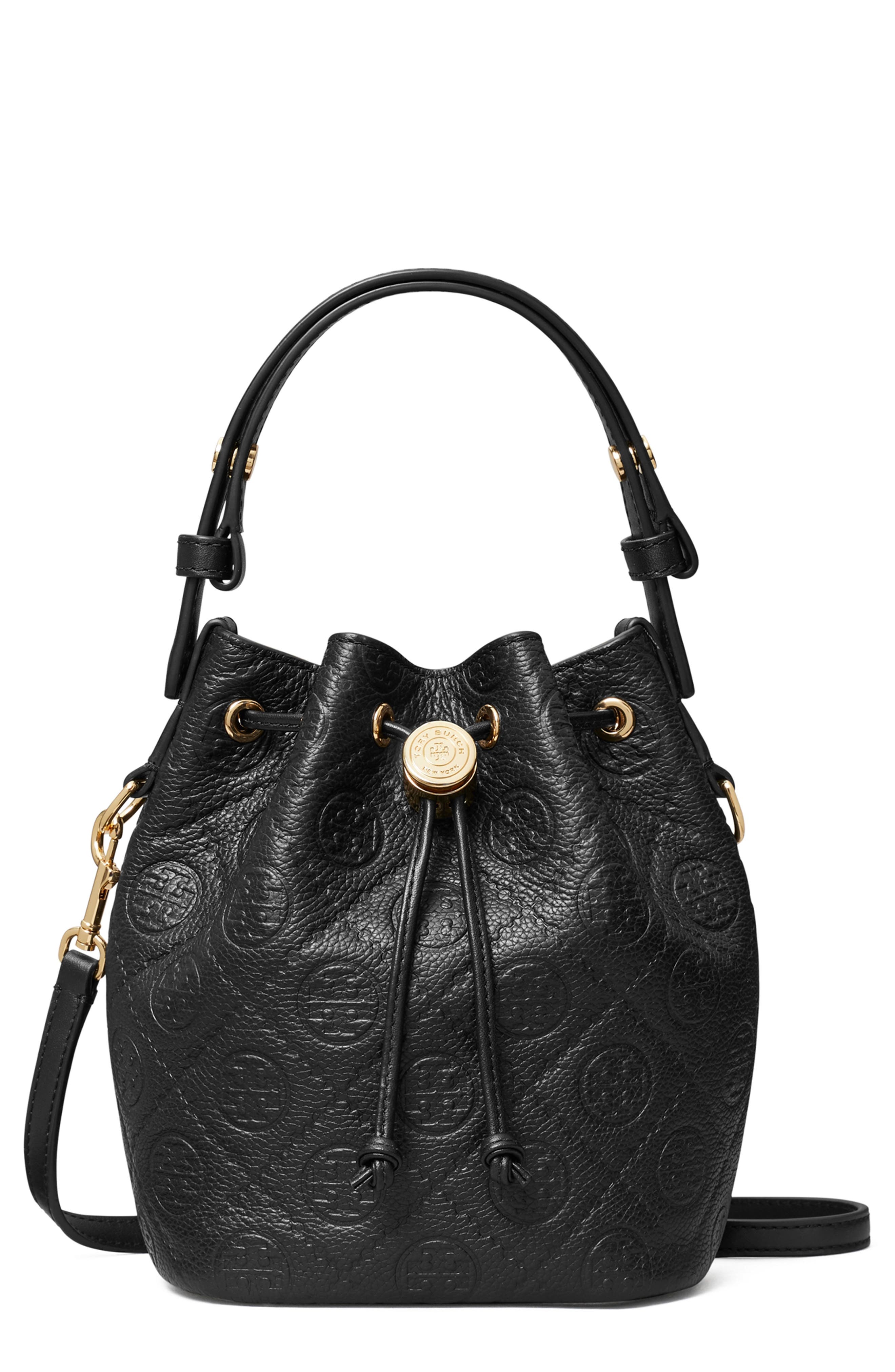 Tory Burch Mini T Monogram Pebble Leather Bucket Bag
