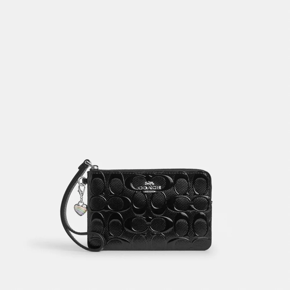 coach corner zip wristlet in signature leather with heart charm CDY96-SV/BK