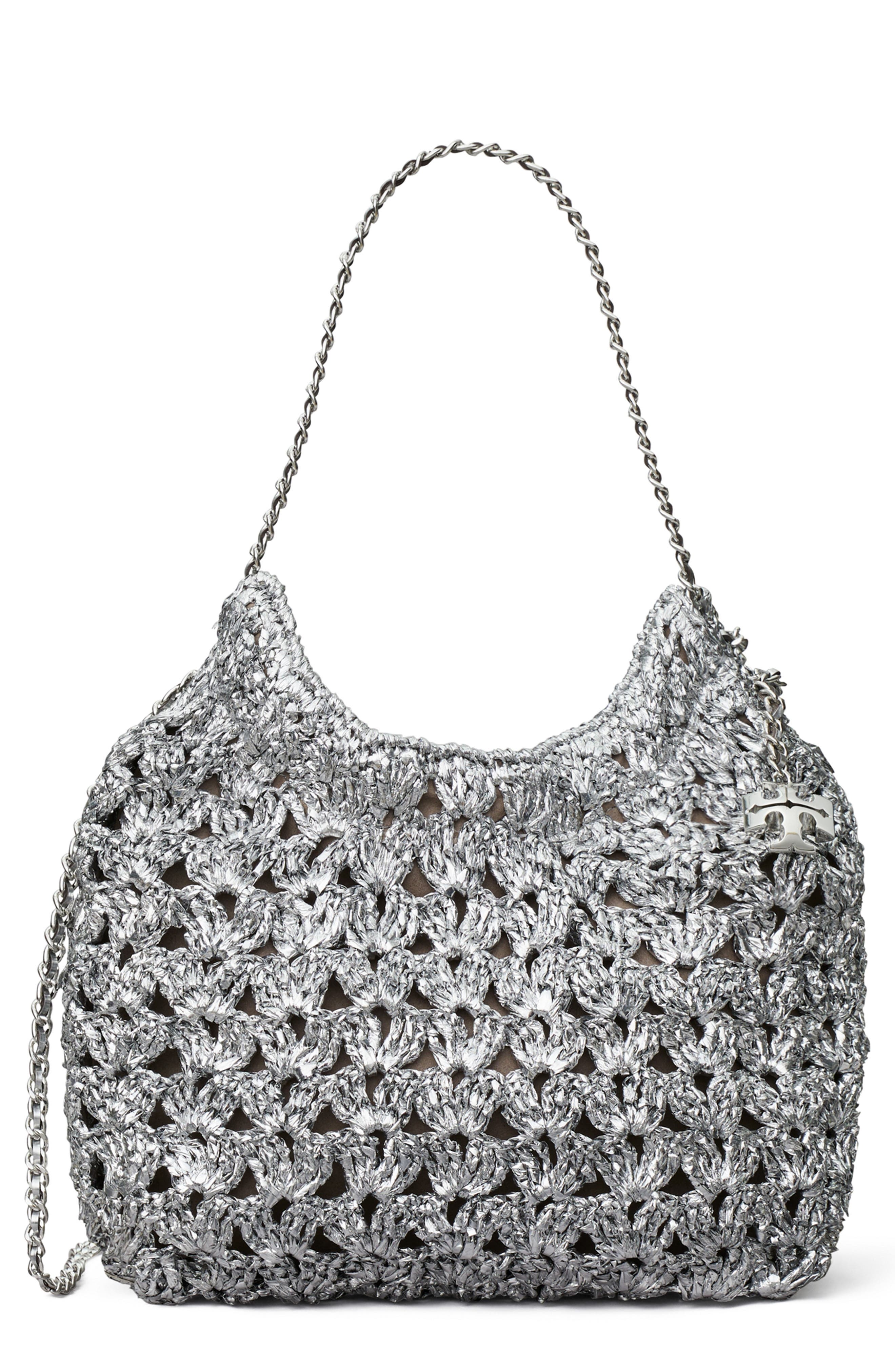 Tory Burch Fleming Metallic Woven Mini Hobo Bag
