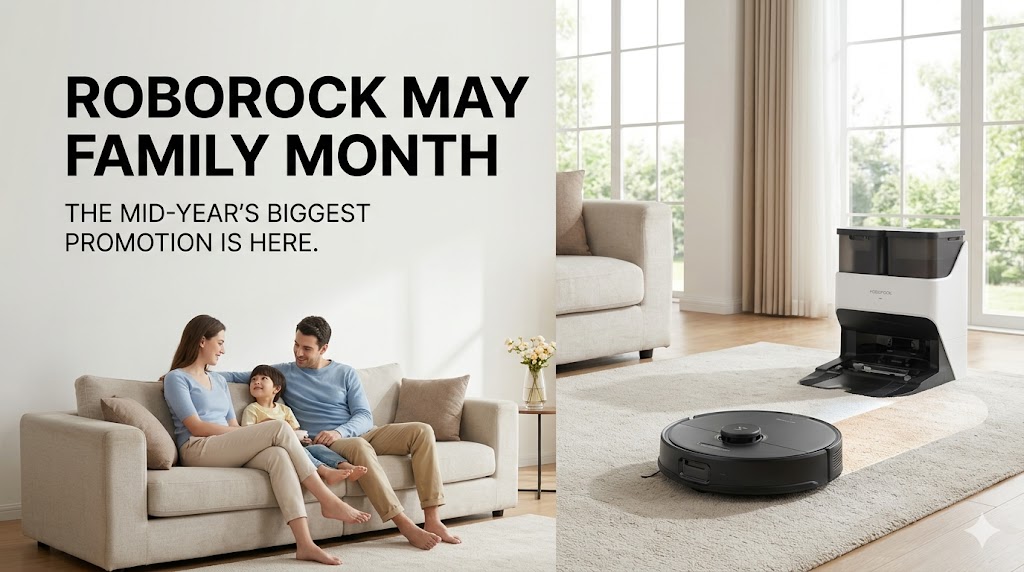 Roborock smart vacuum cleaner navigating a modern living room hardwood floor
