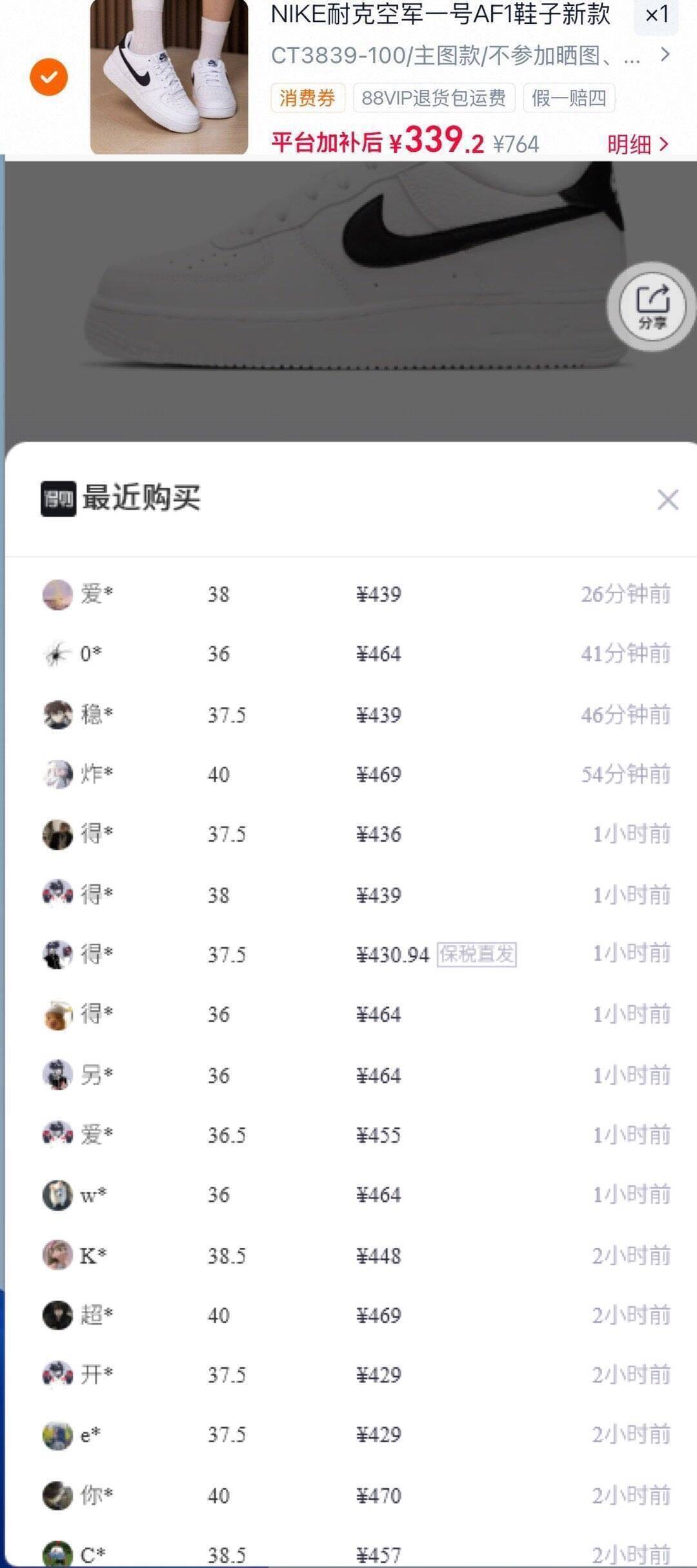 黑白AF1领礼金单拍，60消费券到手339元
