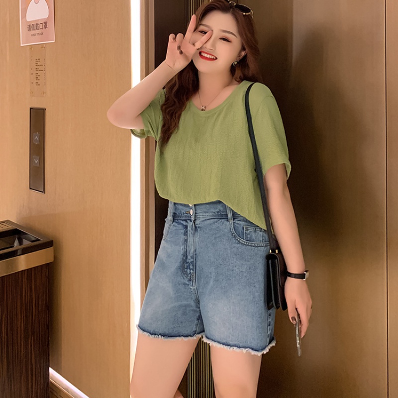 女夏季宽松遮肉胖mm泡泡皱短袖T恤